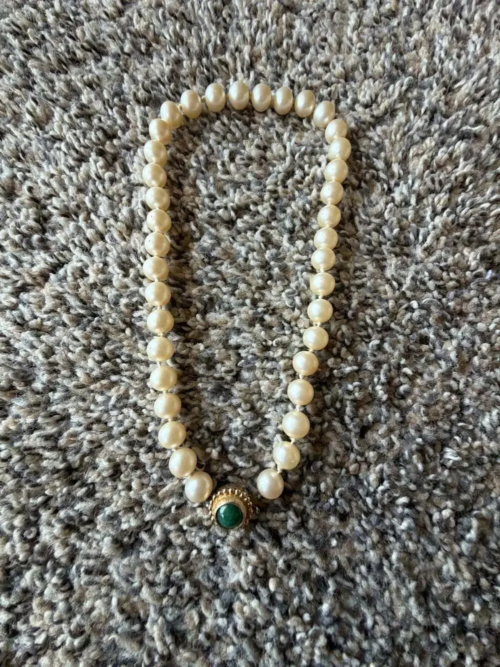 Vintage Faux Pearl Knotted Necklace with Green Cabochon Gold Tone Clasp
